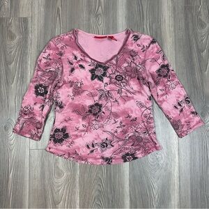Gloria Vanderbilt Mauve Floral Velvet Trim 3/4 Sleeve V Neck Top Y2K Size S
